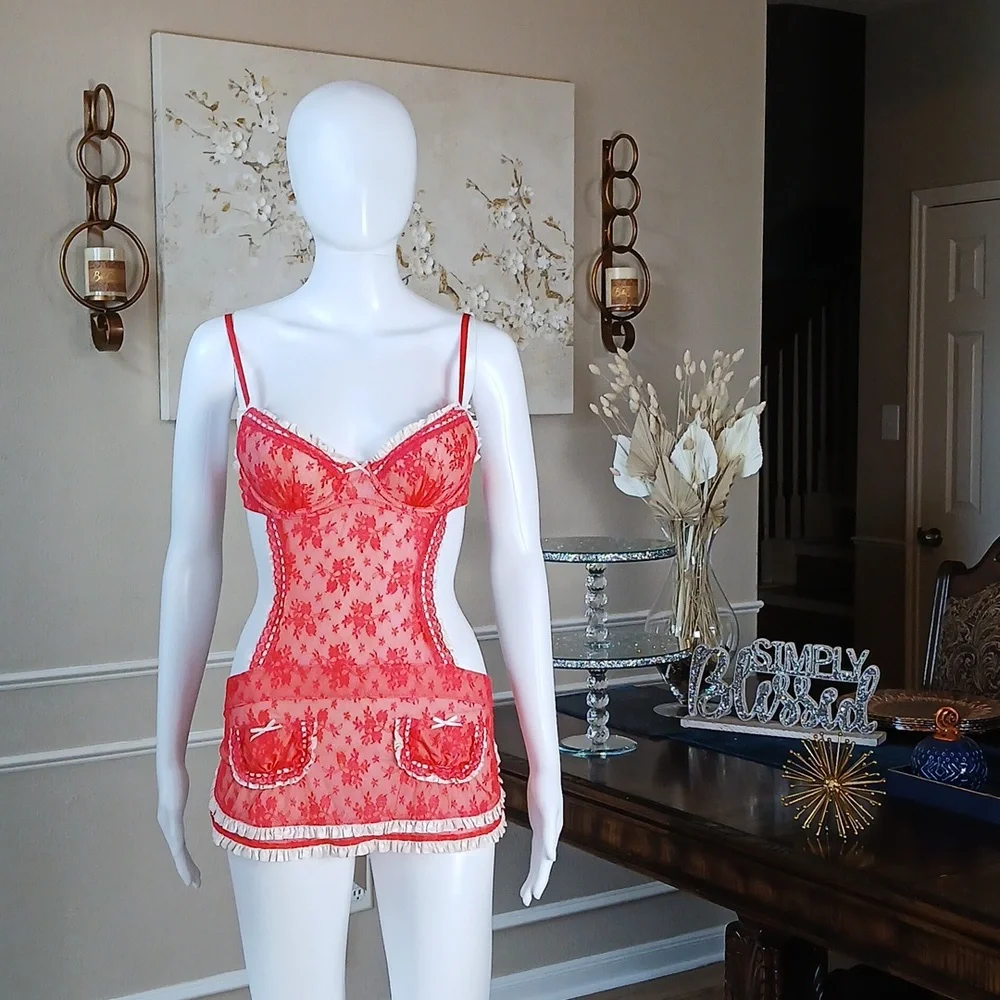 Victoria's Secret Super Sexy Floral Lace Apron Lingerie Mini Dress Size 34B